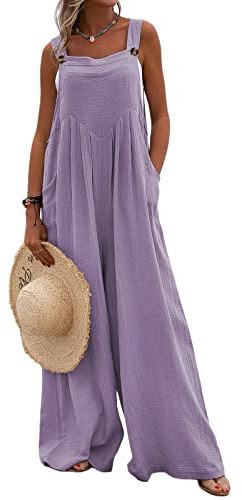Women Wide Leg Overalls Sleeveless Jumpsuits Casual Solid Color Adjustable Suspender Button Rompers with Pockets (Purple, XL)
