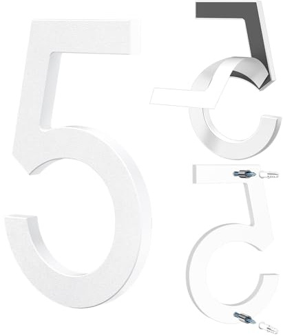 Yafimea Numero civico esterno 15 cm bianco, Numeri civici adesivi o a vite, effetto galleggiante 3D, plastica resistente per parete o cancello (5)