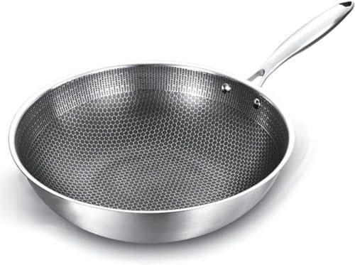 Wok de acero inoxidable sin revestimiento, diseño de panal antiadherente, calefacción uniforme, compatible con estufas eléctricas, de inducción y de gas