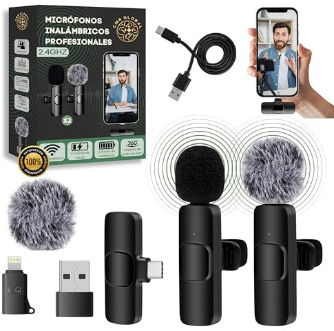 Lot de 2 microphones sans fil pour iPhone, iPad, Android, PC, avec USB-C, microphones à rabat avec clip pour enregistrement vidéo, YouTube, Twitch, TikTok, Vlog, Podcast, en direct avec annulation de