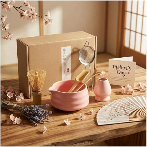 Pink Matcha Tea Set, 6pcs Matcha Whisk Set Pink, Matcha Ceremony Accessory, Whisk Holder, Matcha Bowl, Matcha Whisk, Bamboo Scoop, Sifter, Ceramic Matcha Bowl Tea Ceremony Accessory for Making Matcha