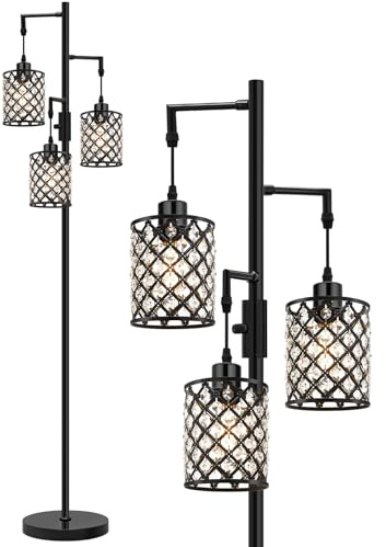 GyroVu Lámpara de pie de cristal negro, lámpara alta de pie de 3 luces con pantalla de cristal K9 brillante, interruptor rotativo, lámparas fáciles de montar para salón, dormitorio, biblioteca