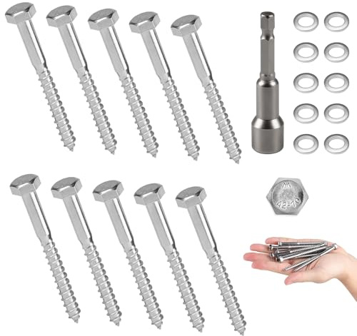 MIGUBIGU 10 PCS Vis Tire-Fond Avancées Tête Hexagonale M6 x 80 mm Inox AISI 304 (A2), Tirefond Beton avec Rondelles et Clé à Six Pans, Vis à Bois Tête Hexagonale Autoperceuse, pour Assembler le Bois