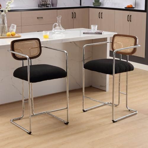 DAYALANE Barhocker 2er Set, Retro Barstühle mit Rattan Rückenlehne Gepolsterte Küchenhocker mit Metallgestell aus Kunstfell, für Theke Küche Bistro Café Esszimmer, Schwarz