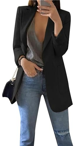 BOFETA Donna Ufficio Risvolto Manica Lunga Plus Size Moda Lavoro Business Suit Open Front Slim Fit Giacca Blazer Nero XL