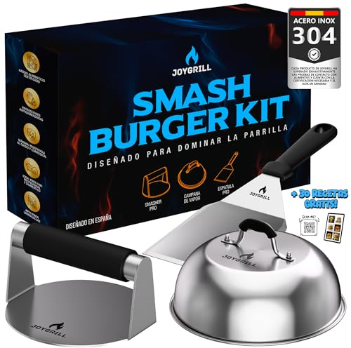 JOYGRILL® Smash Burger Kit Profesional de Acero Inoxidable 304 Premium con Certificado UE y Registro Sanitario para Restaurantes - Kit Smash Burger diseñado para Uso Intensivo Profesional o en Casa