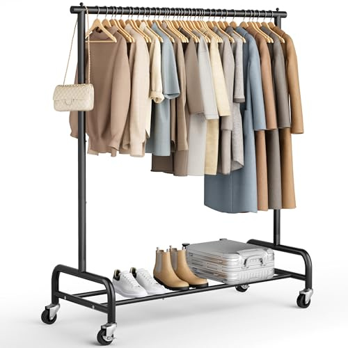 MISSLO Heavy Duty Clothes Rack for Hanging Clothes Rolling Clothing Rack Heavy Duty on Wheels for Coat, Garment, Matte Black (Single Rod)
