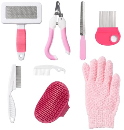 Pumwoy 8 stycken kaninvårdsset, med nagelklippare, fil, husdjurskam, loppkam, badhandskar, husdjursmassage, kaninborste för kaniner, marsvin, valpar, kattungar, hamstrar