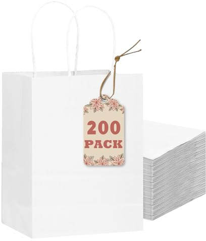 Gcardist 200 stycken vita små ägg-presentpåsar gjorda av papper med handtag – 21 x 15 x 8 cm (8,3 x 6 x 3,15 tum) påsar små partypresentpåsar för olika användningsområden