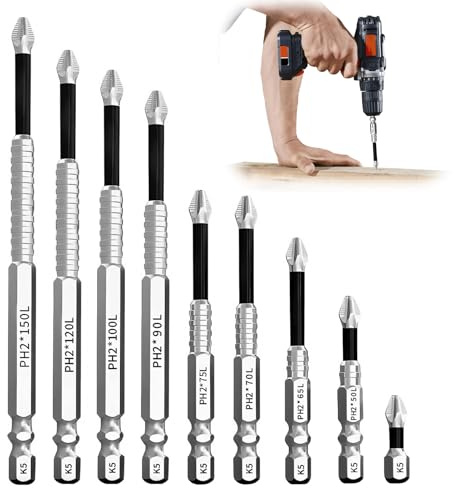 9Pcs Juego de Puntas de Destornillador Magnéticas Resistente Al Impacto, Brocas Phillips Antideslizantes de Acero Cromo Vanadio para Taladro Eléctrico (25 50 65 70 75 90 100 120 150 mm)