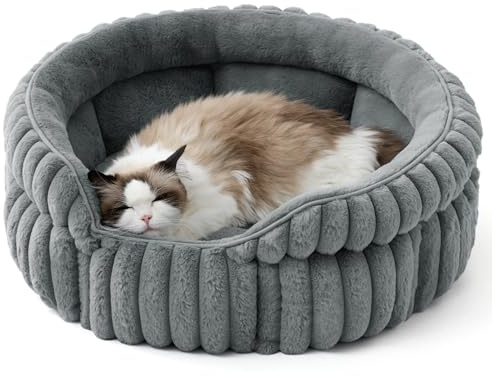BEDSURE Kätzchenbetten Waschbares Cord-Fleece Welpenbett, 58x58cm | Rundes kleines Katzenbett Umarmungs-Stil Tiefschlaf hohe Ränder, herausnehmbares Wendekissen, rutschfest, Grau