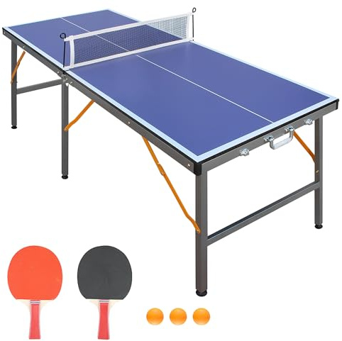 muenfly Tischtennisplatte Outdoor und Indoor - Klappbar mit Netz - Komplett-Set inkl. Tischtennisschläger-Set und Bällen - 6-Bein-Design mit Blauer Spielfläche
