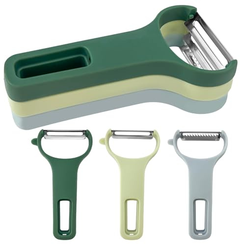 IGXX Pack de 3 Peladores de Verduras, Pelador de Acero Inoxidable Forma Y para Zanahoria, Patata, Pepino - Cuchillas Recta/Dentada/Juliana, Verde Claro Verde Oscuro Azul (12.5×7.3cm)