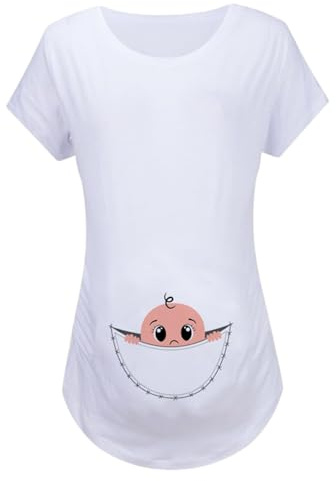 Roliga moderskapströja gravid rund hals topp tecknad bebis tryckt kortärmad t-shirt för gravida kvinnor, Vit 8, XL