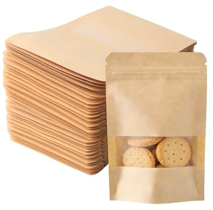 UCFBWO 120 sacchetti di carta kraft con finestra, 10 x 15 cm, con finestra, sacchetti di carta kraft riutilizzabili, per caramelle, noci, chicchi di caffè, spezie, foglie di tè
