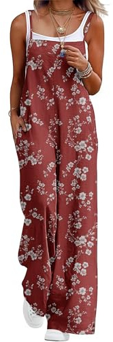 QIXING Salopette pour femme été UK Boho décontractée salopette ample à jambes larges sans manches avec poches, S