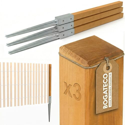 BOGATECO Lot de 3 poteaux de clôture en bois imprégné - 100 x 5 x 5 cm - Poteaux carrés avec tête plate - Avec manchon de sol à enfoncement - Bois équarri - Marron clair