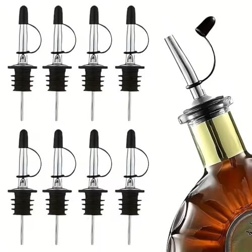8 Pack Stainless Steel Bottle Pourers with Dust Caps, Bottle Pourer Spouts with Ribbed Stopper for Spirit Bottles, Wine Bottles, Oil and Vinegar Bottles, Bar Accessories, Silver and Black