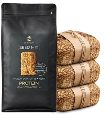Keto Brot Protein Backmischung Seed Mix 3×200 g | Vorratspack 600 g NEU | für 3 Brote à 650 g | Eiweißbrot-Alternative | Ohne Getreide | Glutenfrei | Low Carb | Paleo | für Diabetiker