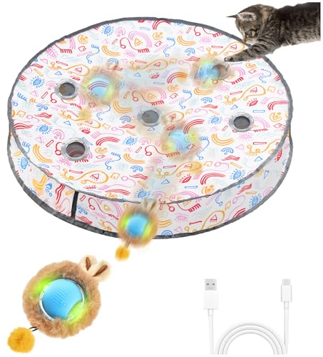 Interactive Cat Toys, Automatic Fast Rolling Ball in Pouch, Hide and Seek for Indoor Adult Cats and Kitten, Motion Chirping Activated Moving Ball, 5 Holes Mat Mouse Catching Game, 600mAh battery