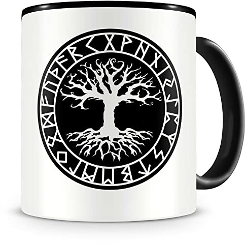 Samunshi® Yggdrasil - Taza con runas para café o té, regalo para los fans vikingos vikingos alemanes, taza de café, taza de té, tazas divertidas para cumpleaños, color negro, cerámica, 300 ml