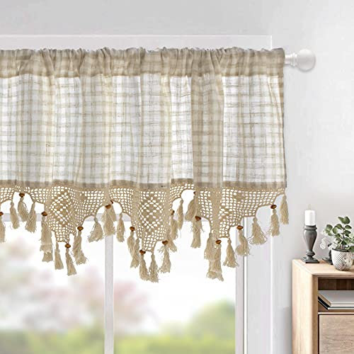 choicehot Handgehäkeltes-Scheibengardine-mit-Quasten Landhausstil Bistrogardine Baumwolle Leinen Kurzgardine Blickdicht Vorhänge Beige Fenstervorhang für Wohnzimmer Schlafzimmer 1 Stück 70×180cm