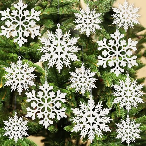 Kockuu 36 Piezas de Copos de Nieve de plástico con Purpurina Blanca, Adornos de Copo de Nieve para Navidad, decoración del hogar, árbol de Navidad, decoración de Navidad, decoración de Fiestas y