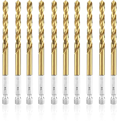 amoolo 1/4 Impact Drill Bit Sets, 10Pcs Titanium HSS Twist Hex Shank Drill Bit Set for Metal, Steel, Wood, Plastic, Quick Change Design