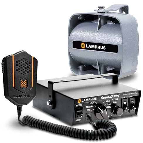SoundAlert 12V 100W Police Siren PA System Kit [120-130dB Compact Speaker] [2 x 16A Aux Switch] [Hands-Free Air Horn] [PTT Mic] [Radio Rebroadcast] Warning Emergency Siren for Vehicle Tow Truck Van RV