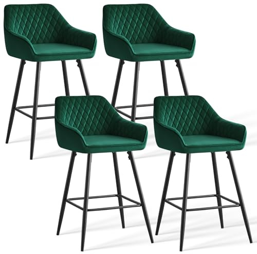 JaHECOME Barhocker Tresenhocker Bistrohocker 4er Set Samt-gepolsterte Barstühle mit Armlehne, modischer Hocker mit schwarzen Metallbeine für Küche, Bistro und Counter (grün, 4)