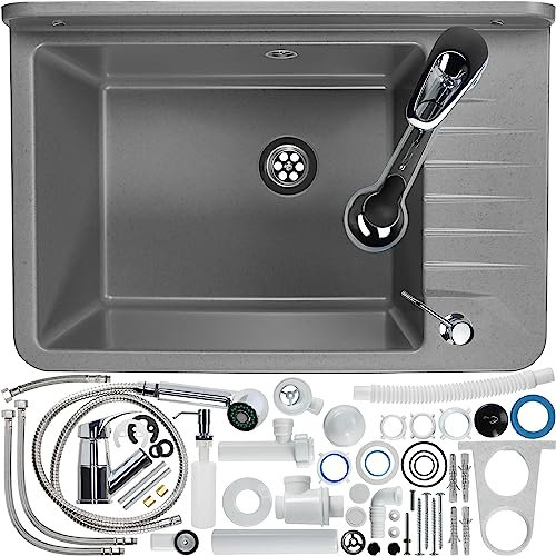 GOSPO Ausgussbecken aus Polypropylen, 50,5 x 34 x 26,5 cm, Spülbecken mit Armatur, Siphon, Seifenspender, Waschbecken, Haushaltsspülbecken (Grau)