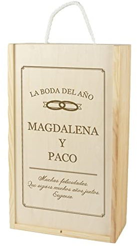 CALLE DEL REGALO Caja de Madera para dos Botella de Vino grabada con título, Nombres y dedicatoria