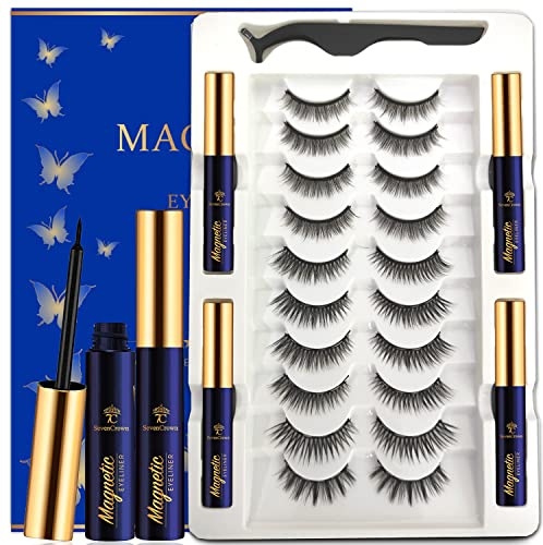 Magnetic Eyelashes 3D Medium Magnetic Lashes with Upgraded 4 Tubes of Magnetic Eyeliner, Waterproof,Natural Look,Long Lasting, Easy Reusable Fake Eyelashes 10 Pairs