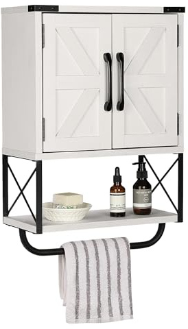 RUSTOWN Farmhouse Rustic Medicine Cabinet with Two Barn Door,Wood Wall Mounted Storage Cabinet with Adjustable Shelf and Towel Bar, 3-Tier Cabinet for Bathroom, Living Room(Vintage White)