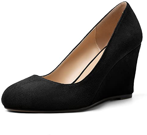 AUMOTED Women's Round Toe 3.5 Inch High Wedge Heels Pumps Slip On High Shoes for Party Prom Wedding Dress Shoes Suede Black US Size 8
