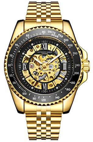 Anthony James Tachymeter sport automatiska armbandsur män - handmonterad vatten- och repbeständig analog klocka med delade sekundersräknare - automatisk skelettklocka - 5 års garanti, Guld, armband