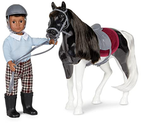Lori Landon & Luna, Mini-Puppe mit schwarzem Scheckenpferd | 15 cm Mini-Jungenpuppe mit Pferd, Helm, Outfit, Sattel, Schabracke und Zaumzeug mit Zügeln für Reitabenteuer, 3+ Jahre