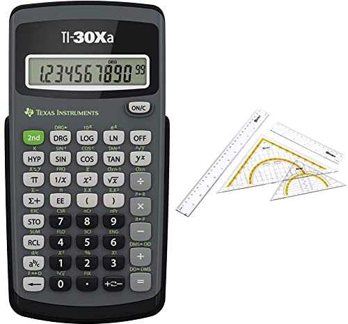 Texas Instruments TI-30 XA Schulrechner (Einzeilig, 10-Stellen, Batteriebetrieb) Grau & SPIRIT 405755 TTS Lineal Set 4in1 Mit Griff, Transparent