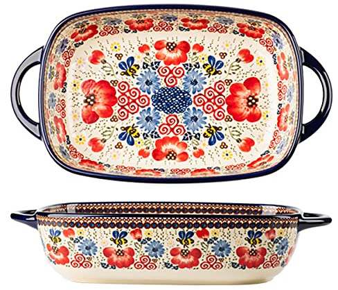 Bicuzat Vintage Blumenstil Keramik Backform Auflaufform Backform Lasagneformen Backgeschirr mit Griffen für Ofen/Kochen/Küche - 1 STK - Rote Blumen - 1,7 l