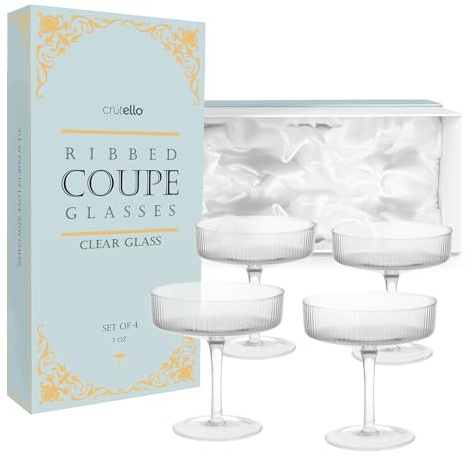 Crutello Geriffelte Coupé-Glaswaren, 118 ml, transparent, für gefrorene Getränke | Klassische Cocktailgläser, für Champagner, Martini oder Manhattan, Stielkelch-Design