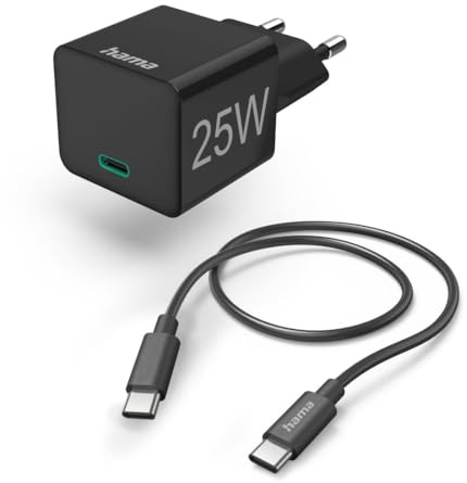 Hama Schnellladegerät, mit USB C Ladekabel, 25 Watt, PD 3.0, 1,5m, Set | Ladeadapter schwarz, USB Schnellladegerät, Quick Charge, Kabel USB C auf USB C, USB C Ladegerät, schnellladen, klein