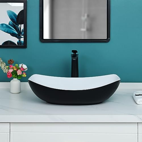 Davivy Fregadero ovalado negro mate de 22 x 15.7 pulgadas con drenaje emergente, fregadero ovalado de baño, fregaderos de baño sobre encimera, fregadero de cerámica para baño, fregadero de recipiente