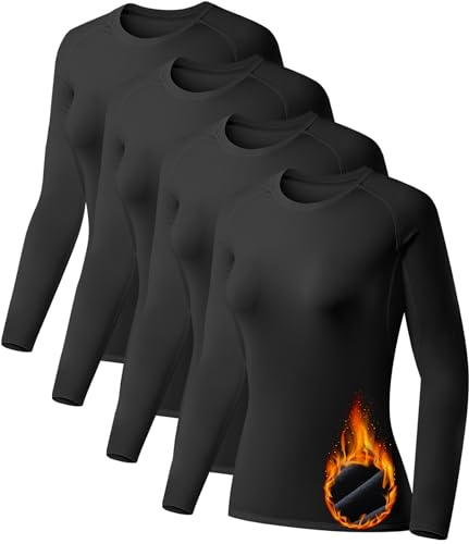 TELALEO 4 Pack Thermal Shirts Women Fleece Lined Long Sleeve Compression 4Black-S