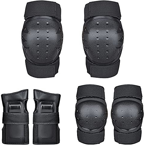 WAGLOS Schutzset Schutzausrüstungs-Set 6 in 1 Verstellbare Knieschoner Ellbogenschoner Handgelenkschoner-Set Für Inline Skating Scooter Skate Skateboard,Schwarz,S