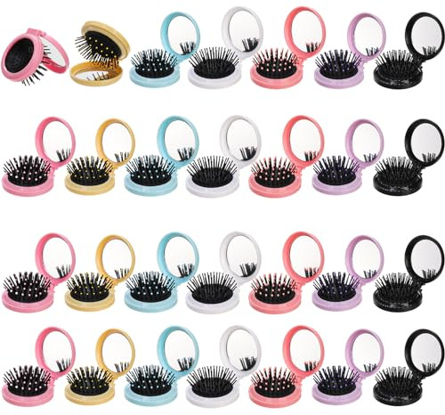 Lawei 28 Pack Folding Travel Hair Brushes with Mirror, Round Mirror Portable Pocket Hair Brush, Mini Mirror with Hairbrush for Purse, Colourful Hair Comb Compact Hair Massage Comb for Women Girls