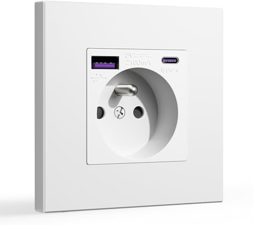 BSEED Prise Murale avec USB et 1 Type C PD 20W, 16A Prise de Courant Alternatif avec Panneau en Plastique,Chargeur Rapide Prises Électriques Standard Blanc,Convient Pour IPhone, IPad, Galaxy