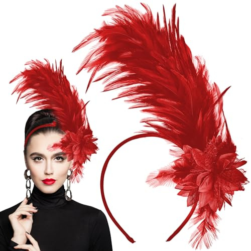 WLLHYF Fascinator da donna anni '20 con piume, fascinator cappello per donne tea party fiore copricapo Gatsby Derby cappello, Rosso, taglia unica