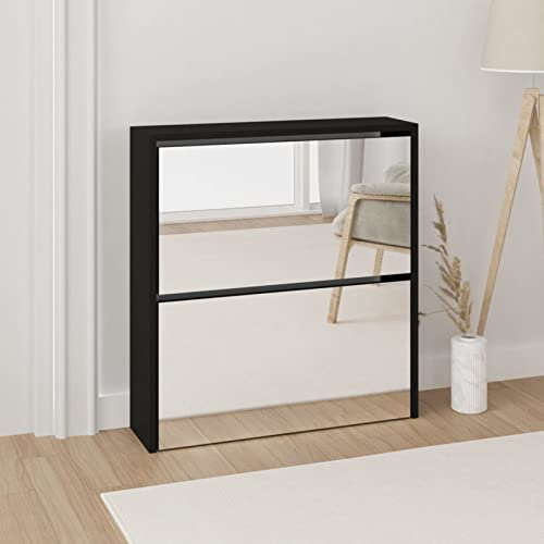 Chaduof Schuhschrank mit Spiegel 2 Fächer, Schuhbank, Shoe Rack, Schuhe Schrank, Schuhkommode, Schuhregal, Mehrzweckschrank, Schwarz 63x17x67 cm