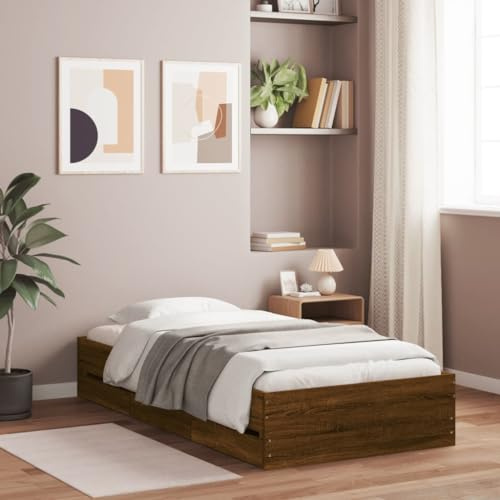 ZQQLVOO Bed Frame Lattenrost Palettenbett Bodenbett Bettgestell mit Schubladen Braun Eichen-Optik 100x200 cm