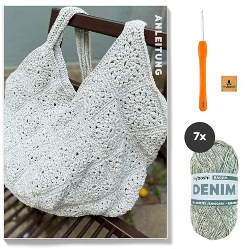myboshi Häkelset Tasche Borkum für Anfänger, inkl. Jeansgarn, Häkelnadel, Wollnadeln, Anleitung, Label, 50% recyceltes Denim, 50% Baumwolle (Bio), Hellblau (Baggy), mit Häkelnadel